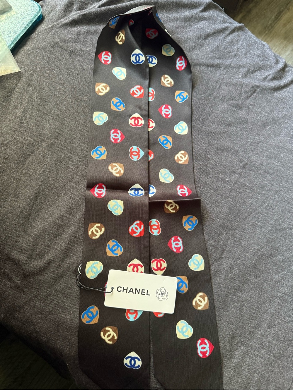 Black Silk Scarf with Multicolor Logo Medallions